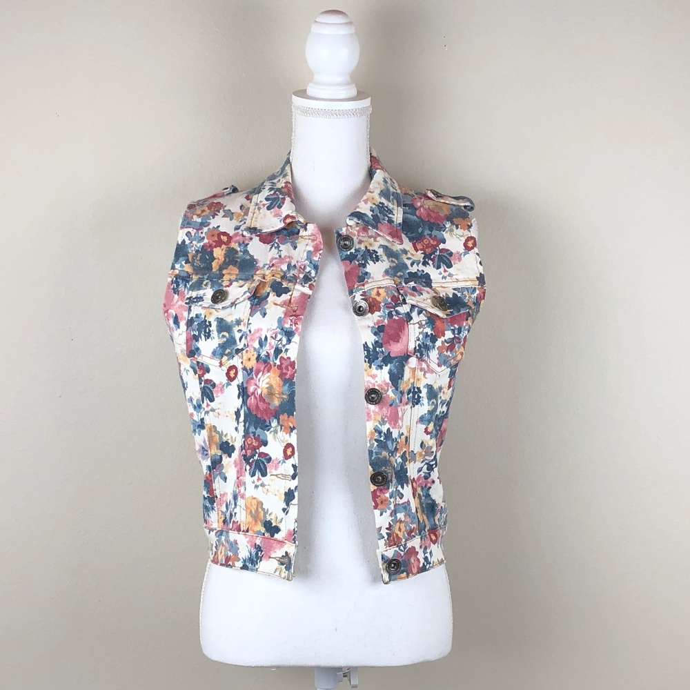 GEEGEE | Boho Floral Denim Crop Sleeveless Vest